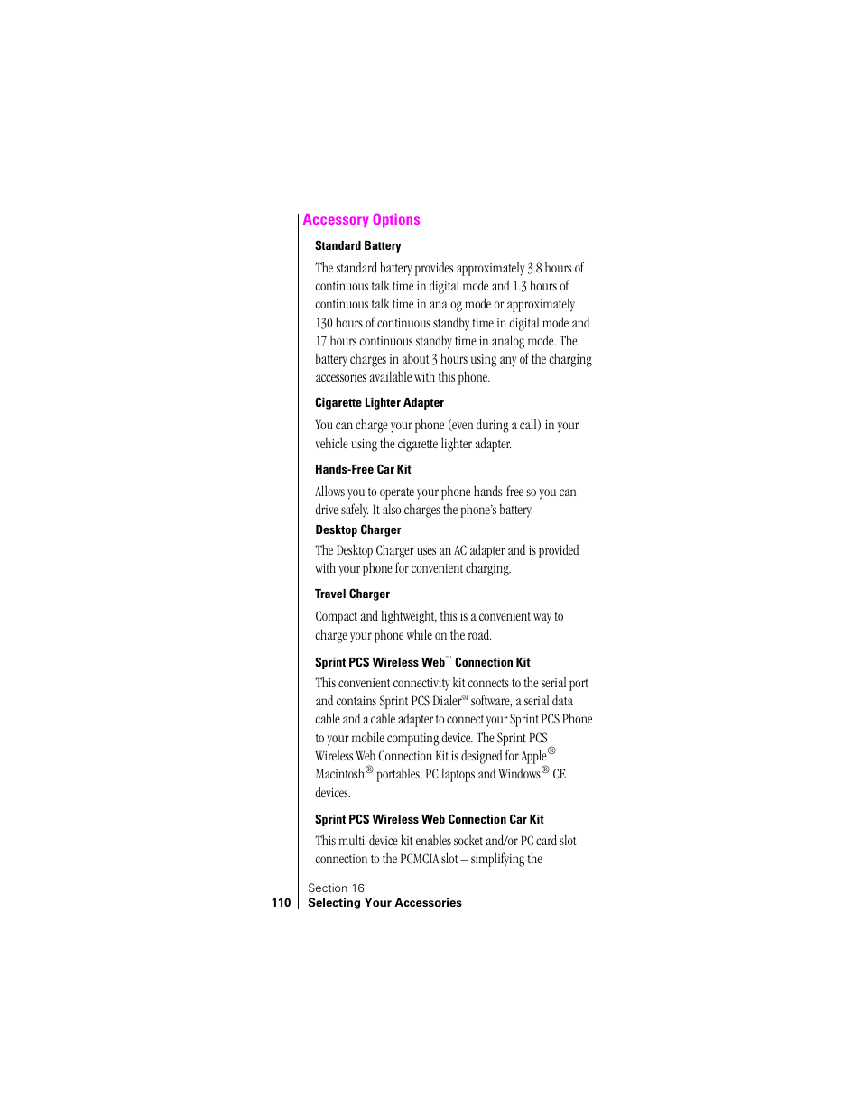 Accessory options | Sprint Nextel SPH-N200 User Manual | Page 112 / 152