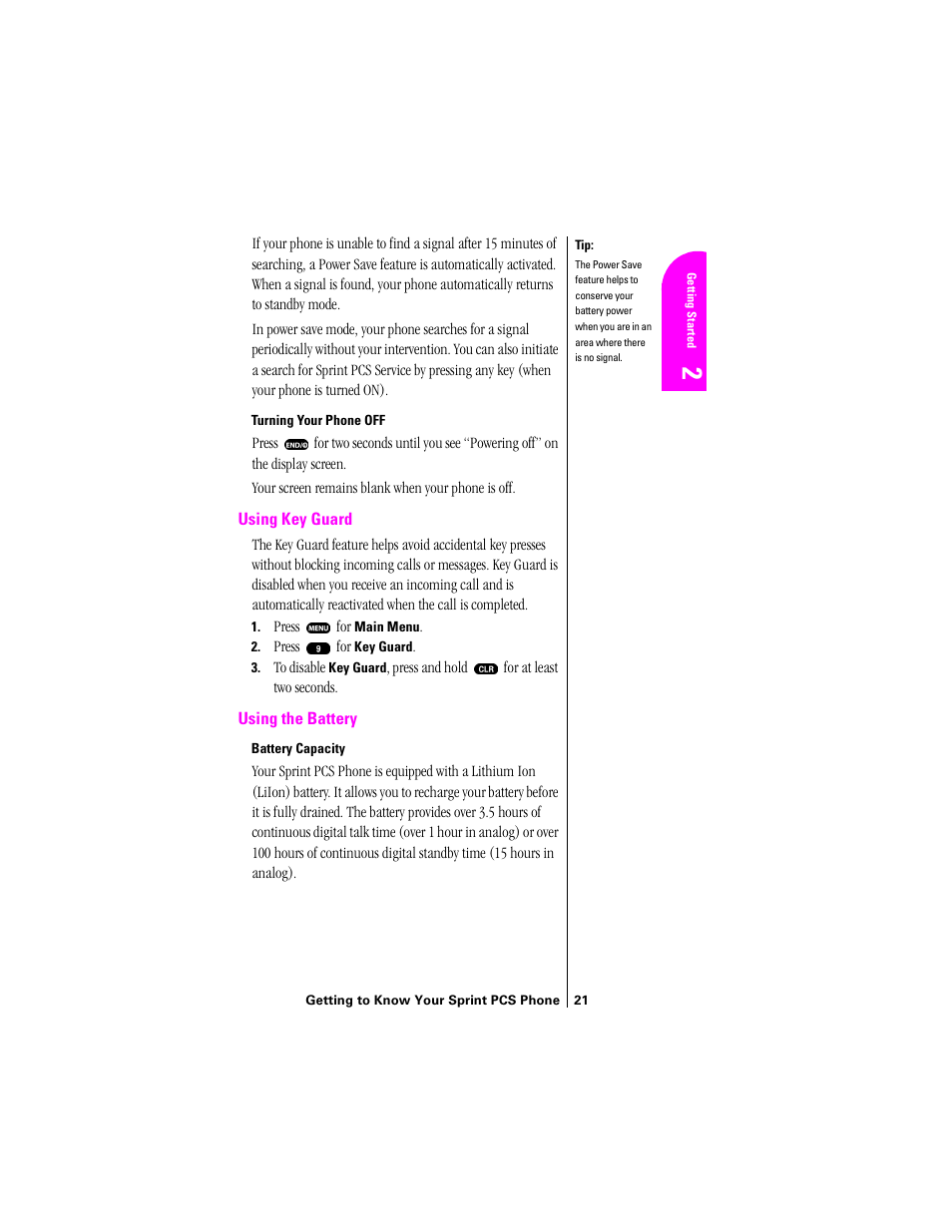 Using the key guard, Using the battery | Sprint Nextel SPH-N200 User Manual | Page 23 / 152