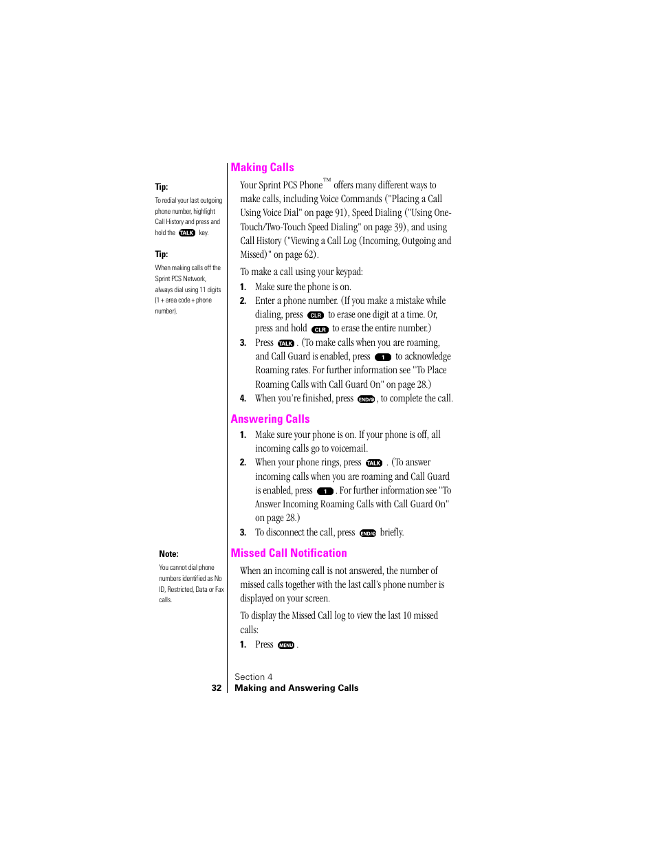 Making calls, Answering calls, Missed call notification | Sprint Nextel SPH-N200 User Manual | Page 34 / 152