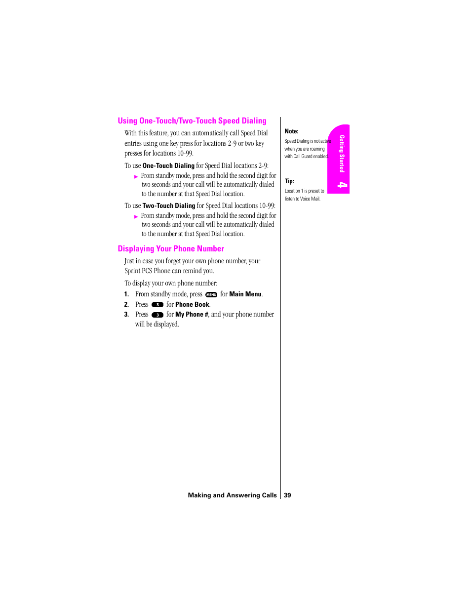 Using one touch/two touch speed dialing, Displaying your phone number | Sprint Nextel SPH-N200 User Manual | Page 41 / 152