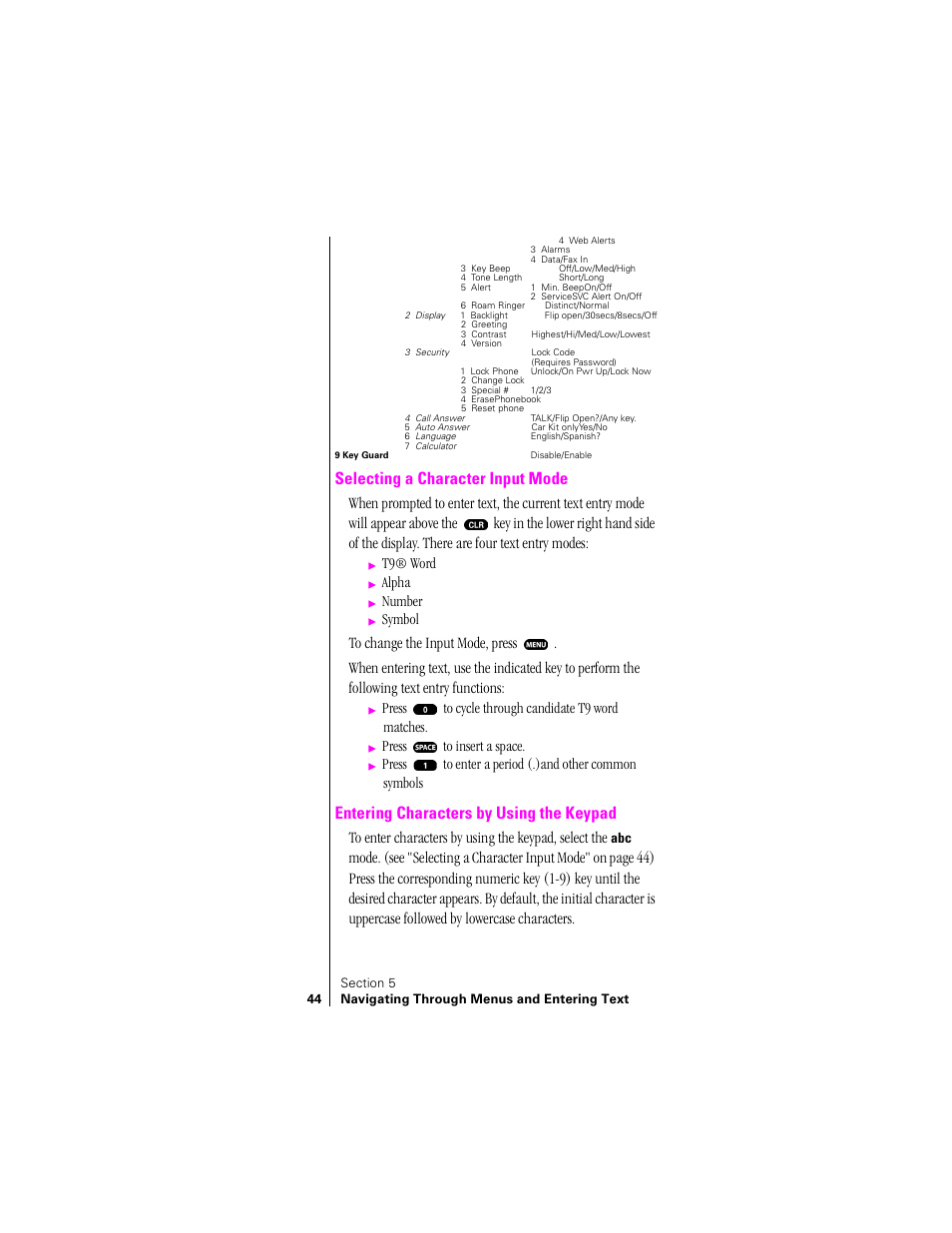 Selecting a character input mode, Entering characters by using the keypad, T9® word | Alpha, Number, Symbol, Press to cycle through candidate t9 word matches, Press to insert a space | Sprint Nextel SPH-N200 User Manual | Page 46 / 152