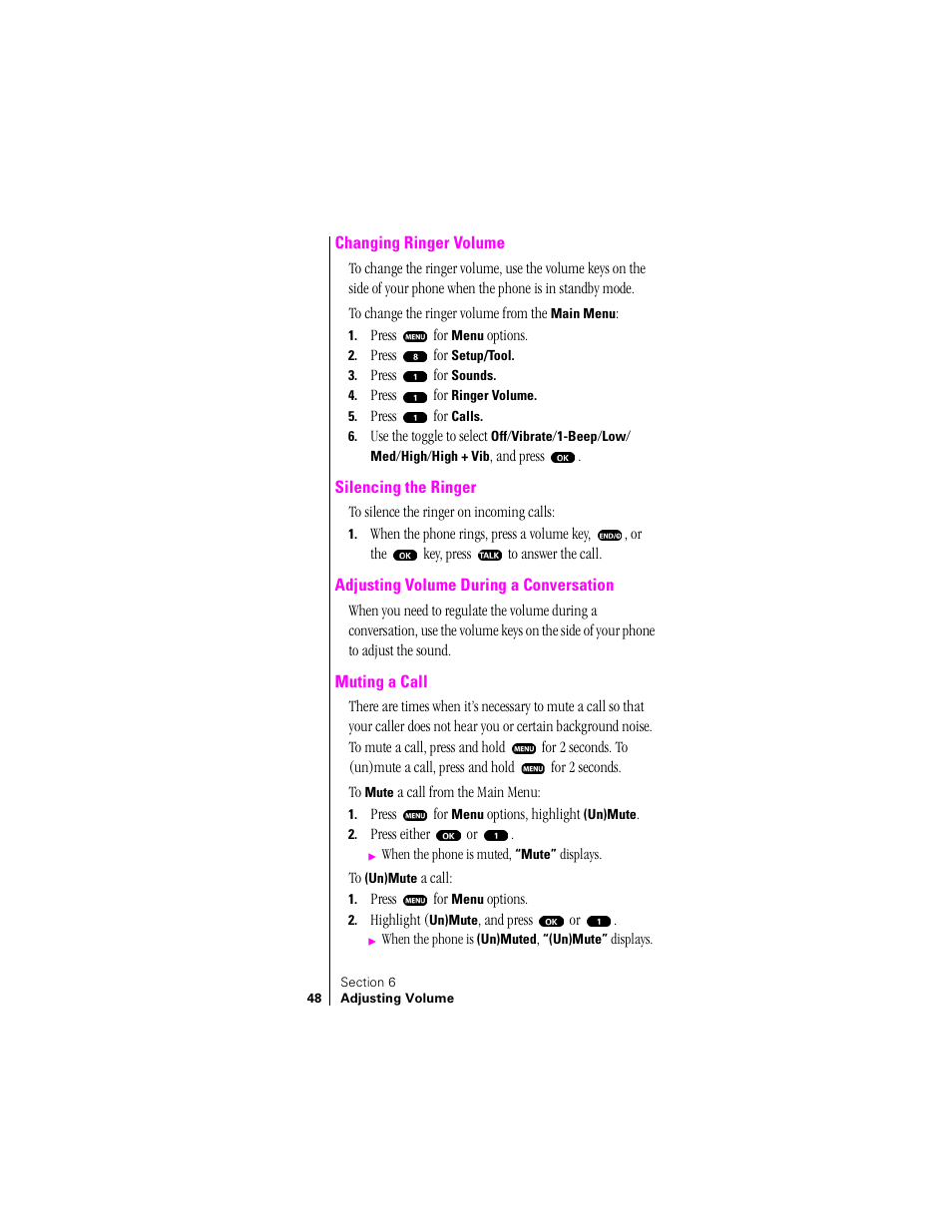 Changing ringer volume, Silencing the ringer, Adjusting volume during a conversation | Muting a call | Sprint Nextel SPH-N200 User Manual | Page 50 / 152