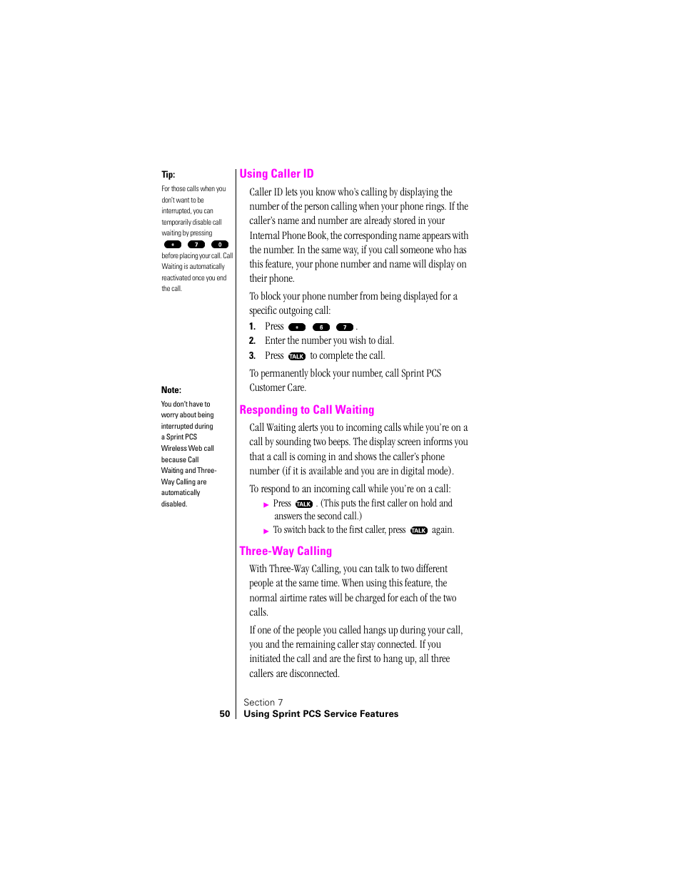 Using caller id, Responding to call waiting, Three-way calling | Sprint Nextel SPH-N200 User Manual | Page 52 / 152