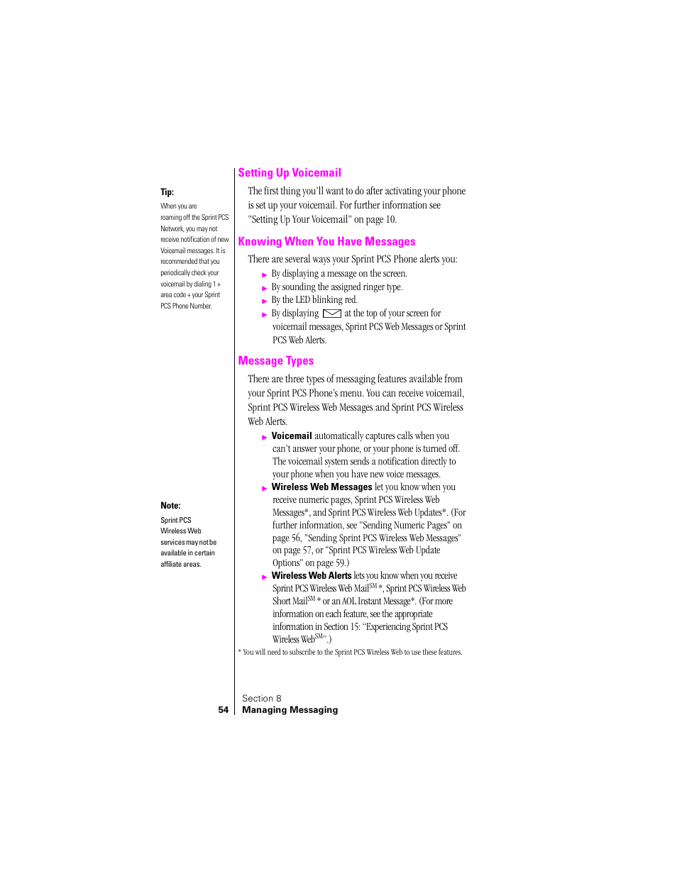 Setting up voicemail, Knowing when you have messages, Message types | Sprint Nextel SPH-N200 User Manual | Page 56 / 152