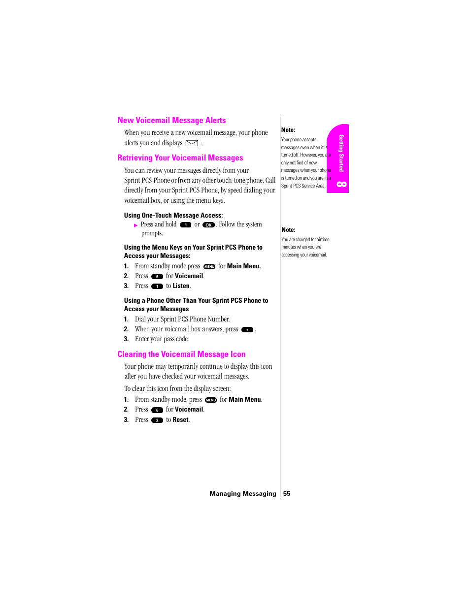 New voicemail message alerts, Retrieving your voicemail messages, Clearing the voicemail message icon | Sprint Nextel SPH-N200 User Manual | Page 57 / 152