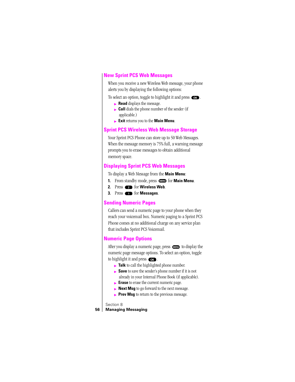 New sprint pcs web messages, Sprint pcs wireless web message storage, Displaying sprint pcs web messages | Sprint Nextel SPH-N200 User Manual | Page 58 / 152