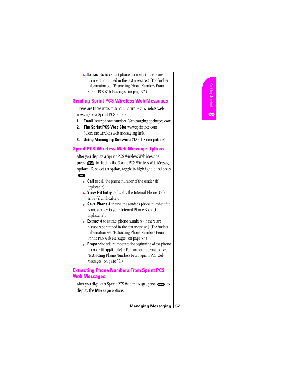 Sending sprint pcs wireless web messages, Sprint pcs wireless web message options | Sprint Nextel SPH-N200 User Manual | Page 59 / 152