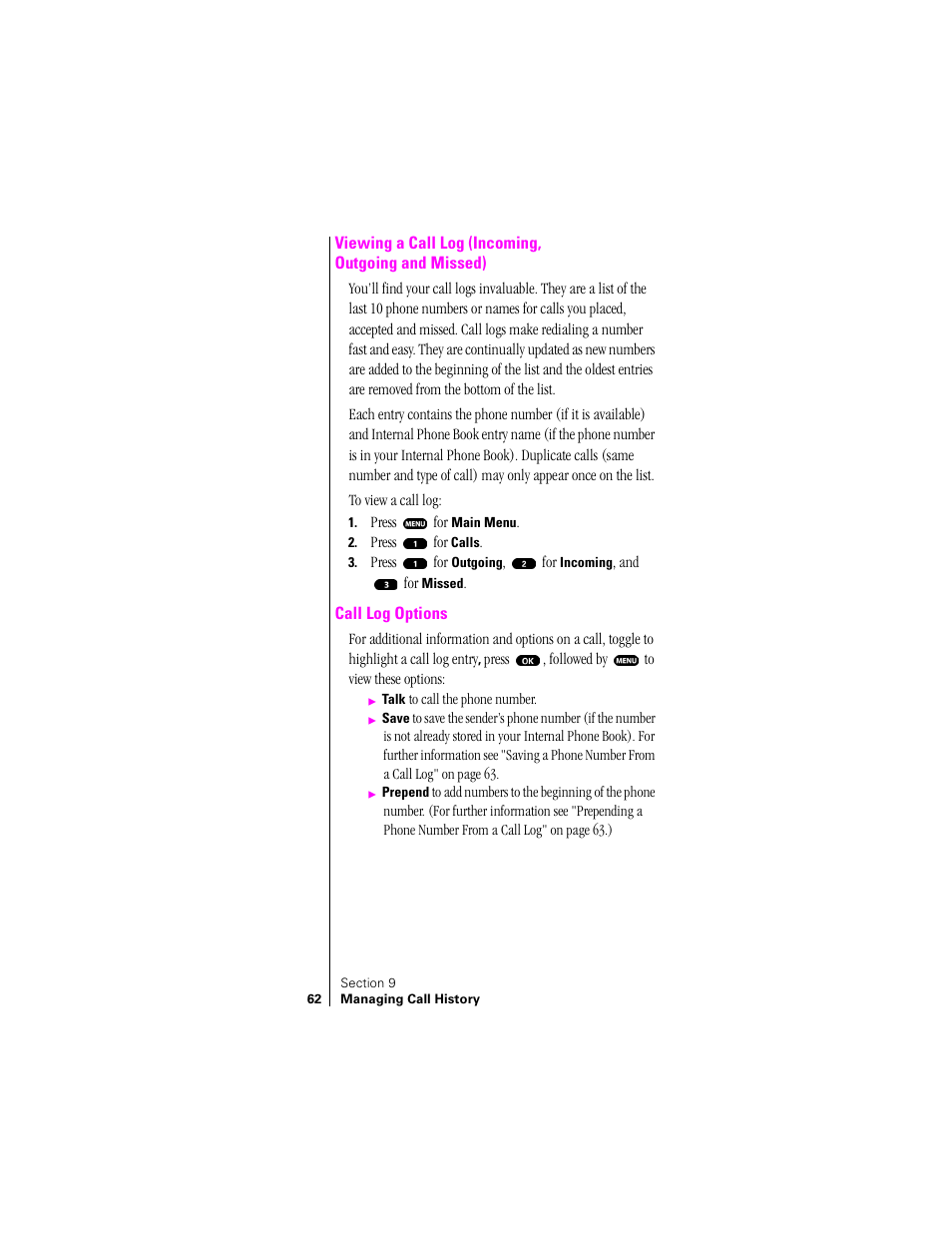 Viewing a call log, Call log options | Sprint Nextel SPH-N200 User Manual | Page 64 / 152