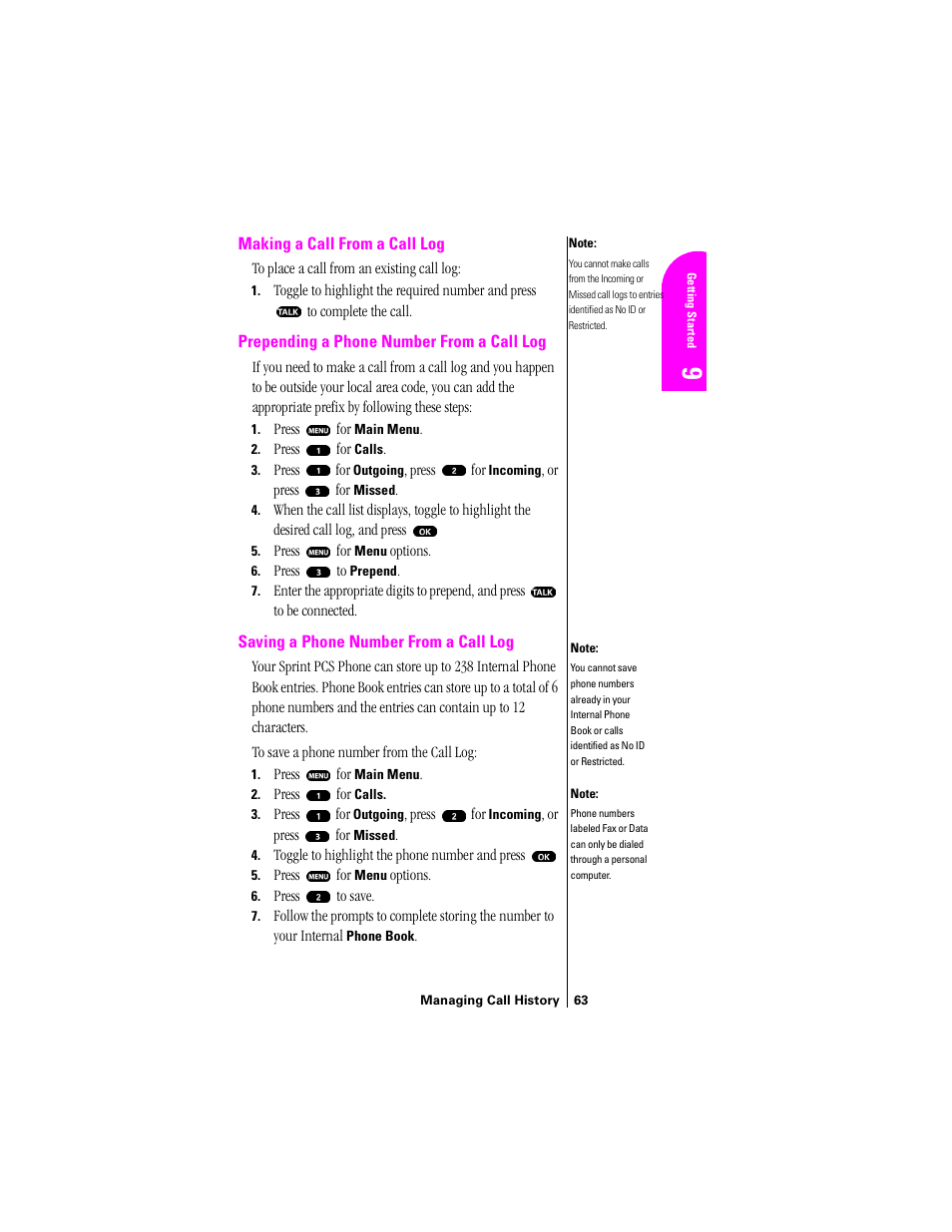 Making a call from a call log, Prepending a phone number from a call log, Saving a phone number from a call log | Sprint Nextel SPH-N200 User Manual | Page 65 / 152