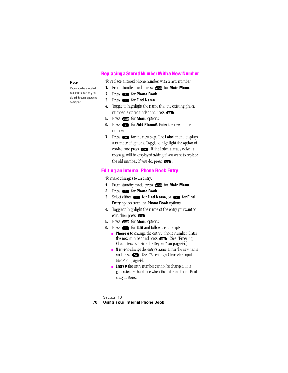 Replacing a stored number with a new number, Editing an internal phone book entry | Sprint Nextel SPH-N200 User Manual | Page 72 / 152