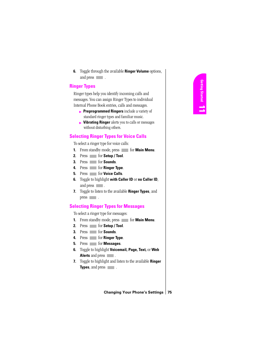 Ringer types, Selecting ringer types for voice calls, Selecting ringer types for messages | Sprint Nextel SPH-N200 User Manual | Page 77 / 152