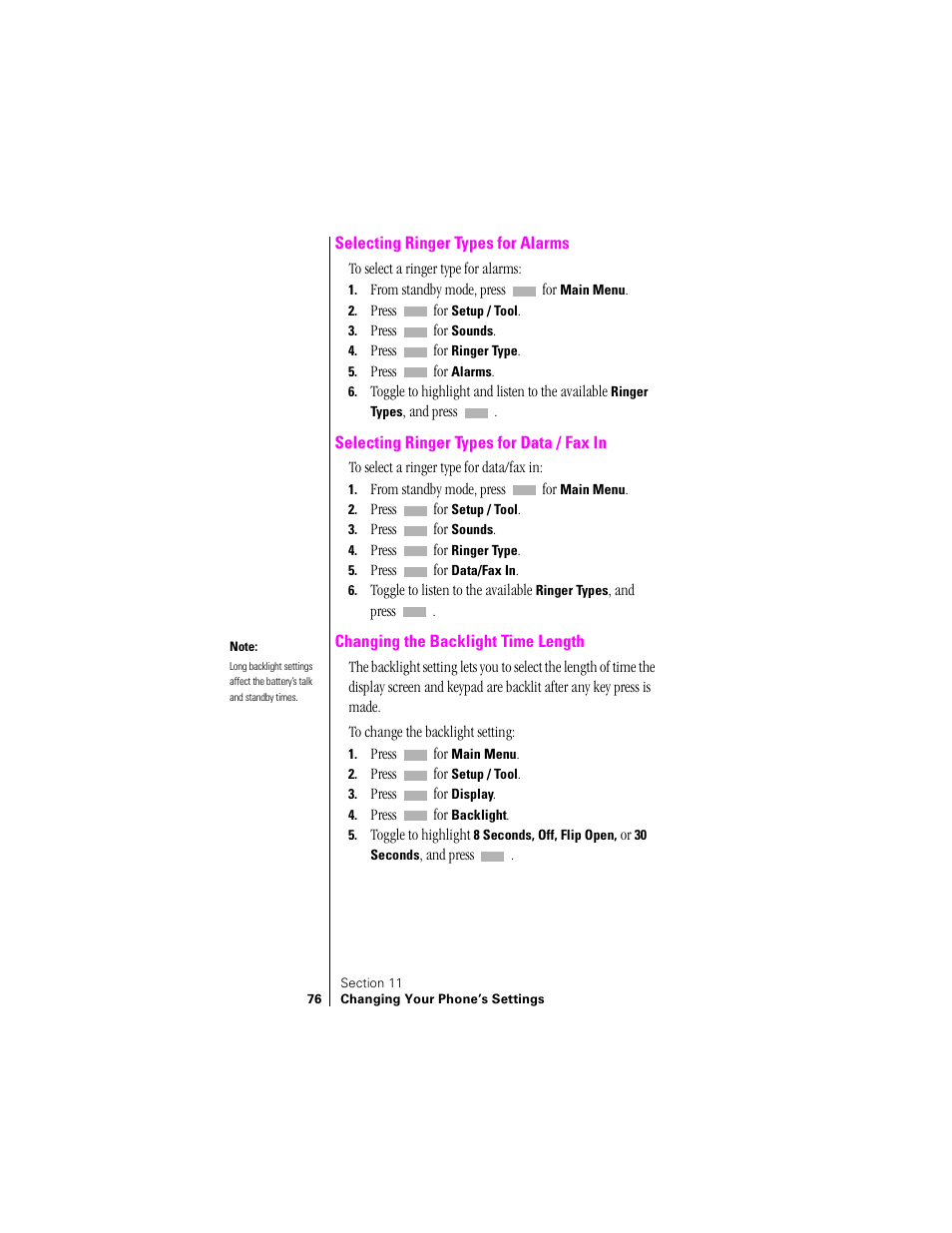 Selecting ringer types for alarms, Selecting ringer types for data/fax in, Changing the backlight time length | Sprint Nextel SPH-N200 User Manual | Page 78 / 152