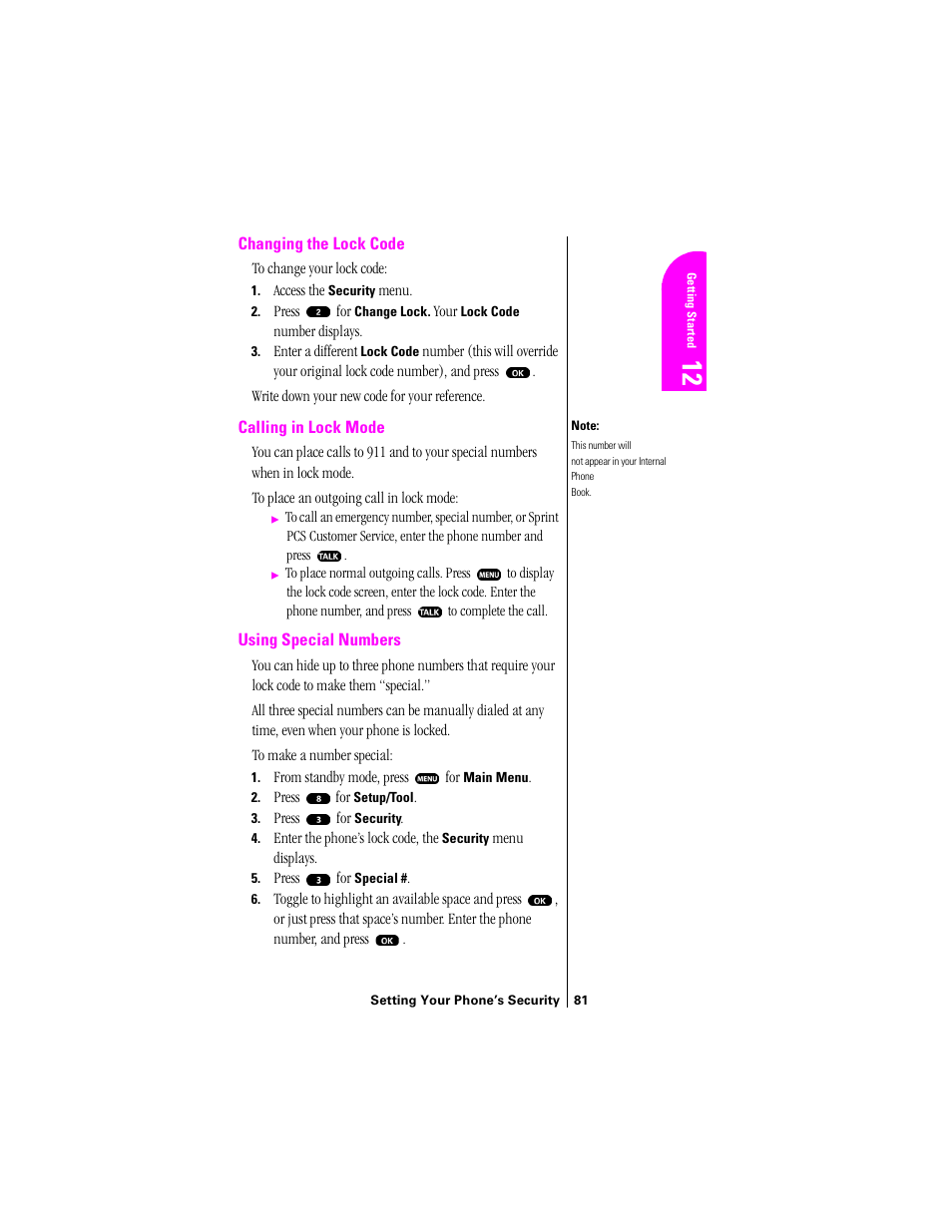 Changing the lock code, Calling in lock mode, Using special numbers | Sprint Nextel SPH-N200 User Manual | Page 83 / 152