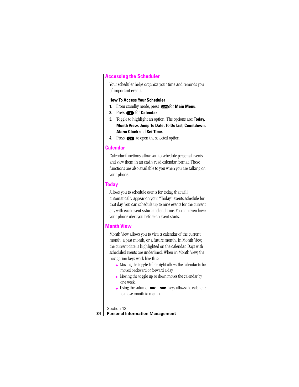 Accessing the scheduler, Calendar, Today | Month view | Sprint Nextel SPH-N200 User Manual | Page 86 / 152