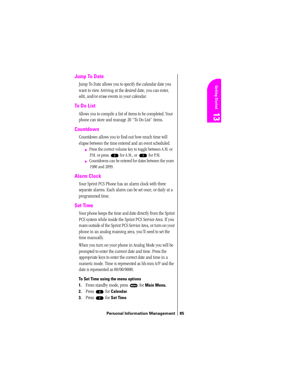 Jump to date, To do list, Countdown | Alarm clock, Set time | Sprint Nextel SPH-N200 User Manual | Page 87 / 152