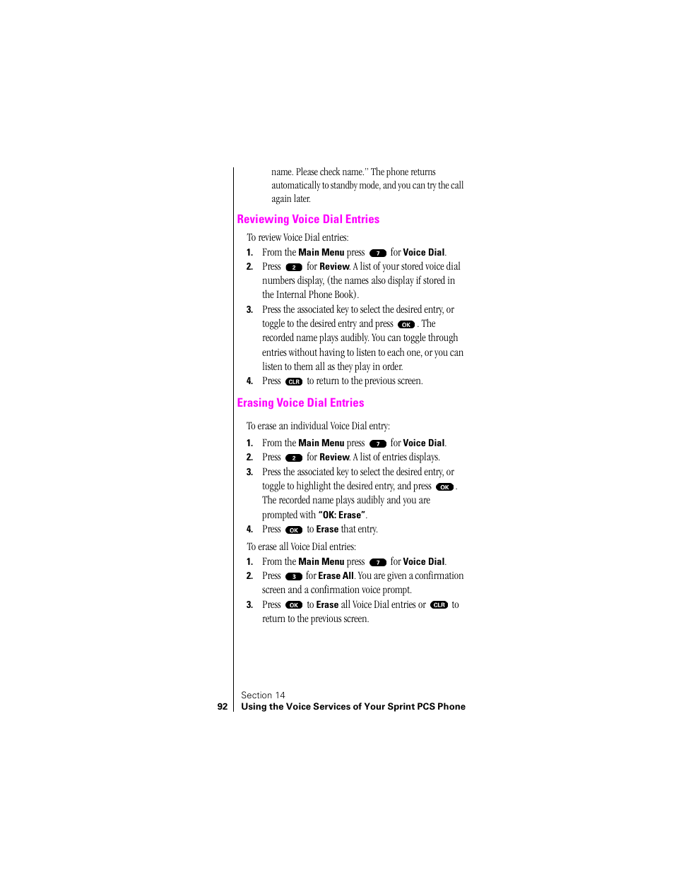 Reviewing voice dial entries, Erasing voice dial entries | Sprint Nextel SPH-N200 User Manual | Page 94 / 152