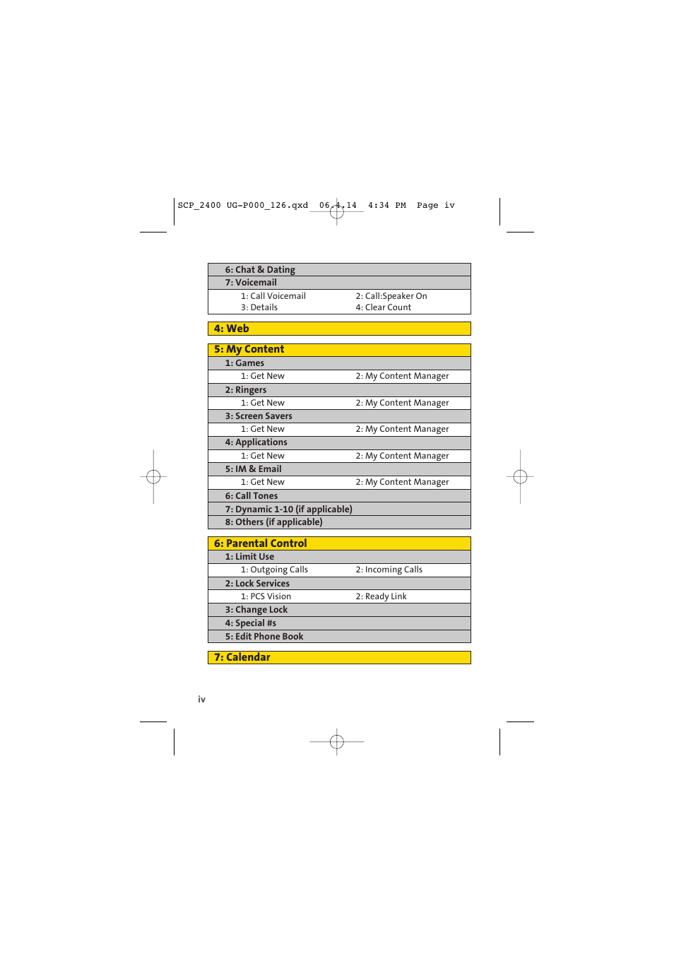 Web 5: my content, Parental control, Calendar | Sprint Nextel SPRINT PCS VISION SCP-2400 User Manual | Page 10 / 256