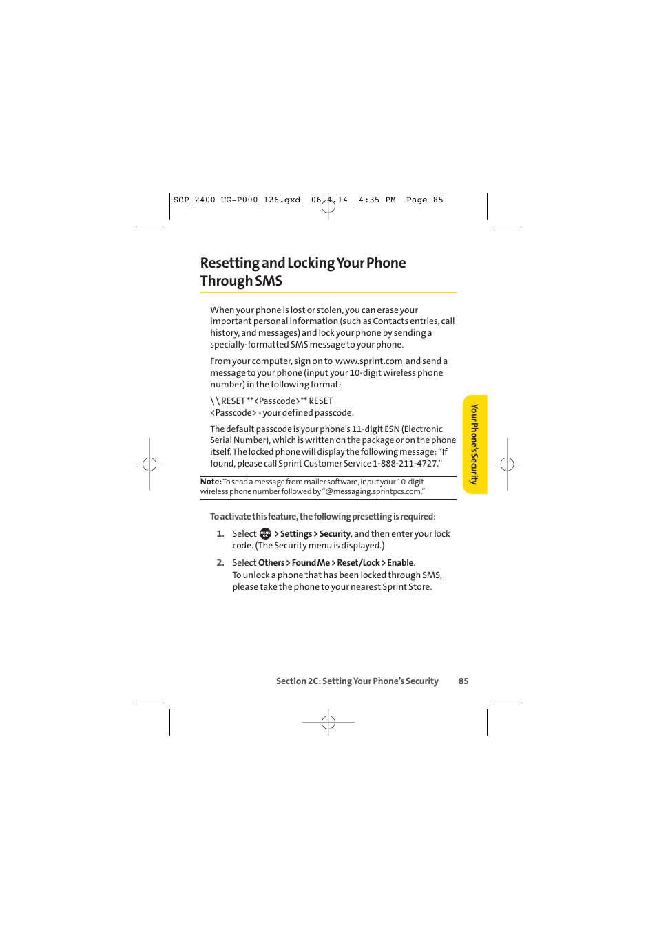 Resetting and locking your phone through sms | Sprint Nextel SPRINT PCS VISION SCP-2400 User Manual | Page 101 / 256