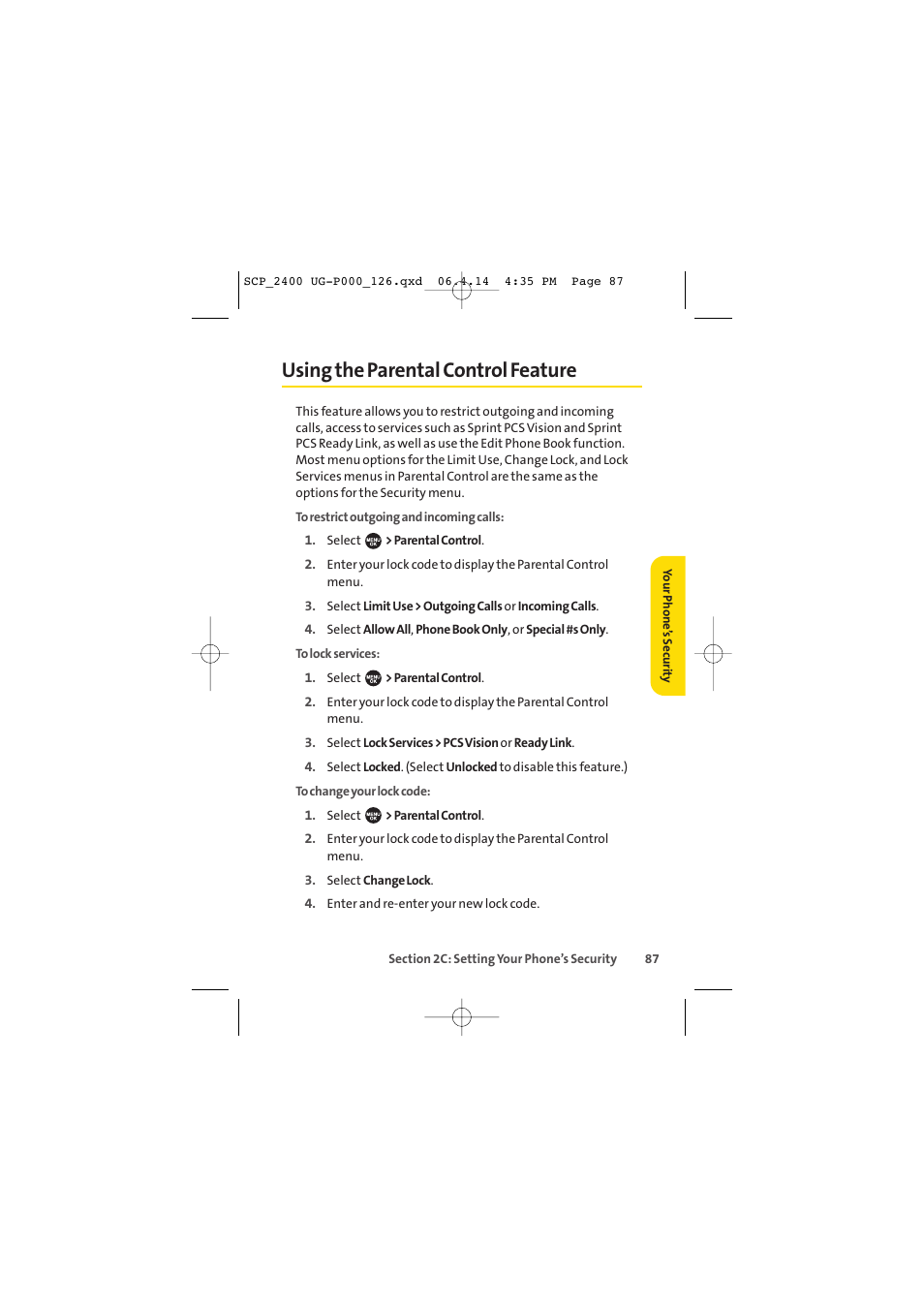 Using the parental control feature | Sprint Nextel SPRINT PCS VISION SCP-2400 User Manual | Page 103 / 256