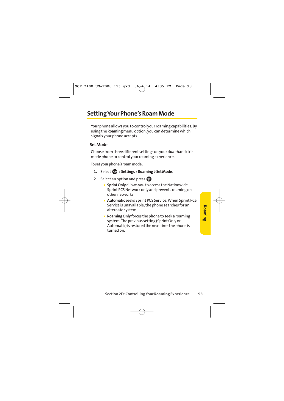 Setting your phone’s roam mode | Sprint Nextel SPRINT PCS VISION SCP-2400 User Manual | Page 109 / 256