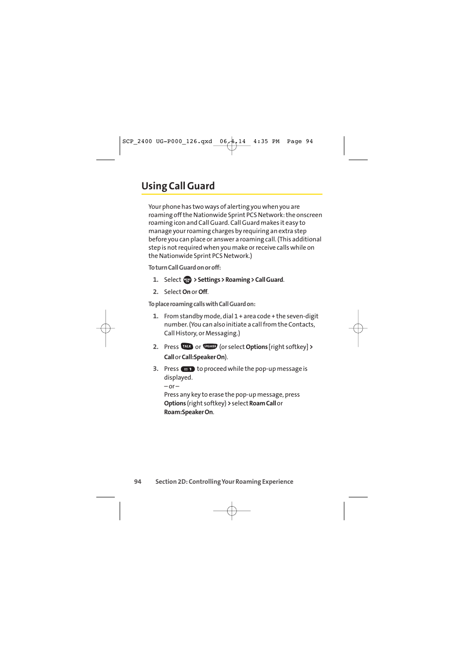 Using call guard | Sprint Nextel SPRINT PCS VISION SCP-2400 User Manual | Page 110 / 256