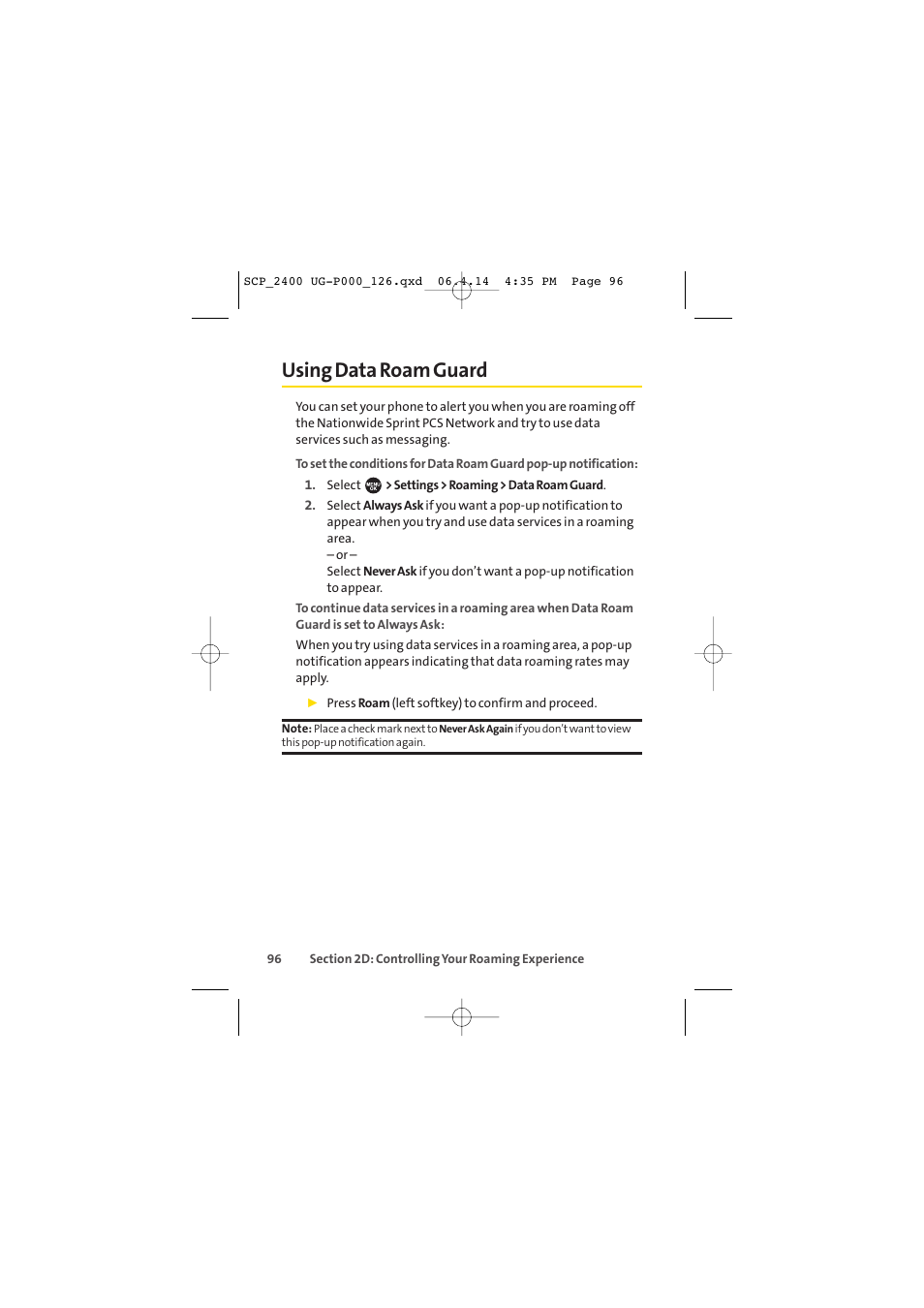 Using data roam guard | Sprint Nextel SPRINT PCS VISION SCP-2400 User Manual | Page 112 / 256