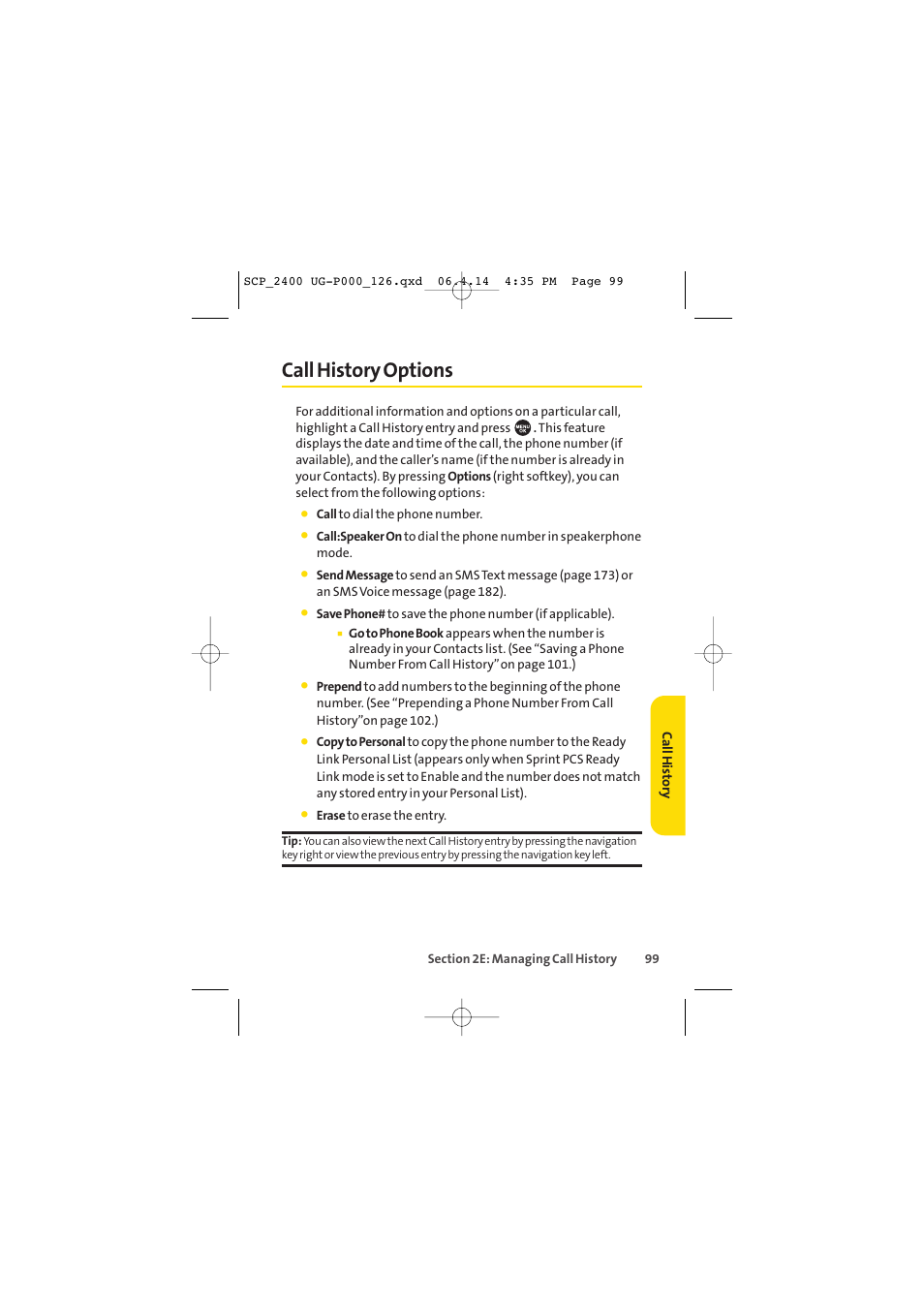 Call history options | Sprint Nextel SPRINT PCS VISION SCP-2400 User Manual | Page 115 / 256