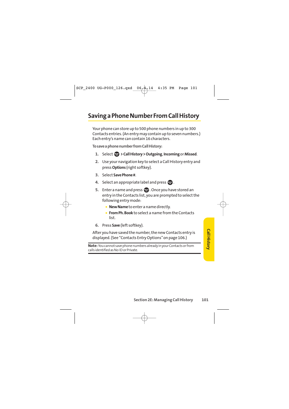 Saving a phone number from call history | Sprint Nextel SPRINT PCS VISION SCP-2400 User Manual | Page 117 / 256