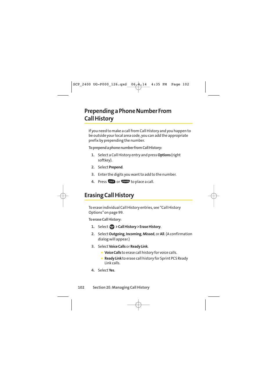 Prepending a phone number from call history, Erasing call history | Sprint Nextel SPRINT PCS VISION SCP-2400 User Manual | Page 118 / 256