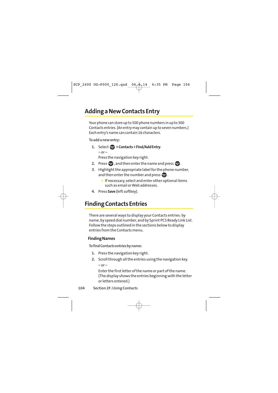 Adding a new contacts entry, Finding contacts entries | Sprint Nextel SPRINT PCS VISION SCP-2400 User Manual | Page 120 / 256