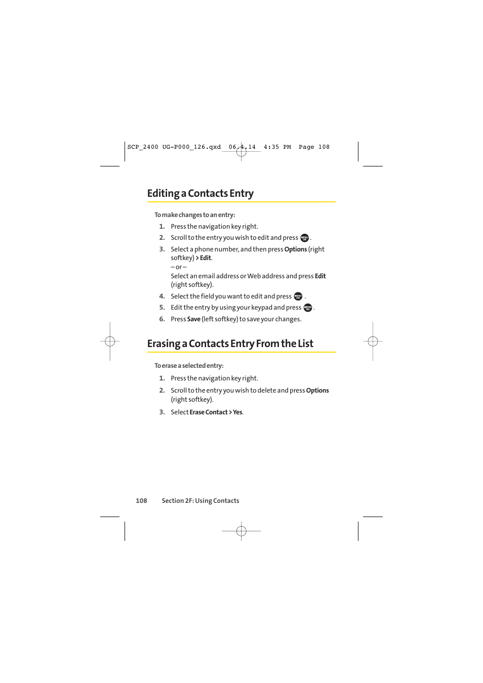 Editing a contacts entry, Erasing a contacts entry from the list | Sprint Nextel SPRINT PCS VISION SCP-2400 User Manual | Page 124 / 256