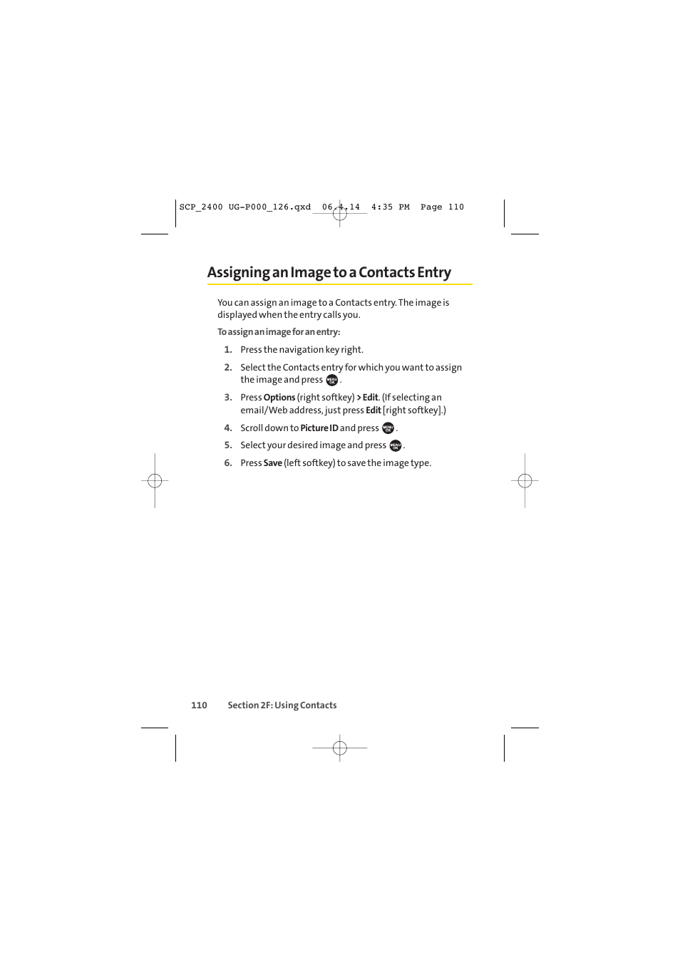 Assigning an image to a contacts entry | Sprint Nextel SPRINT PCS VISION SCP-2400 User Manual | Page 126 / 256