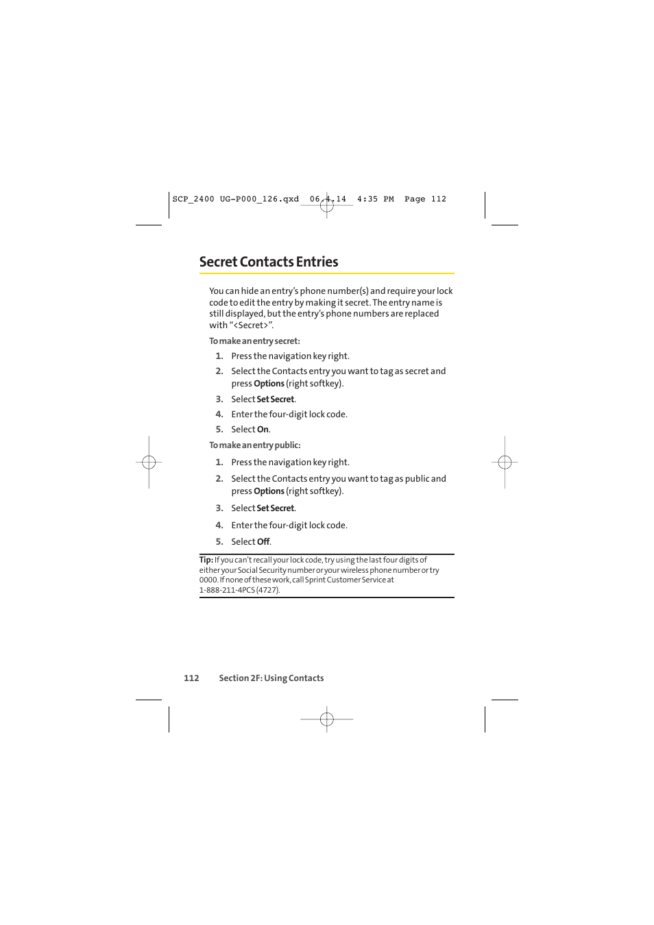 Secret contacts entries | Sprint Nextel SPRINT PCS VISION SCP-2400 User Manual | Page 128 / 256