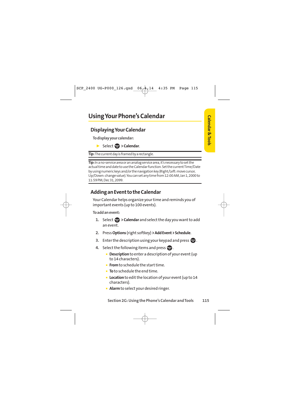 Using your phone’s calendar, Displaying your calendar, Adding an event to the calendar | Sprint Nextel SPRINT PCS VISION SCP-2400 User Manual | Page 131 / 256