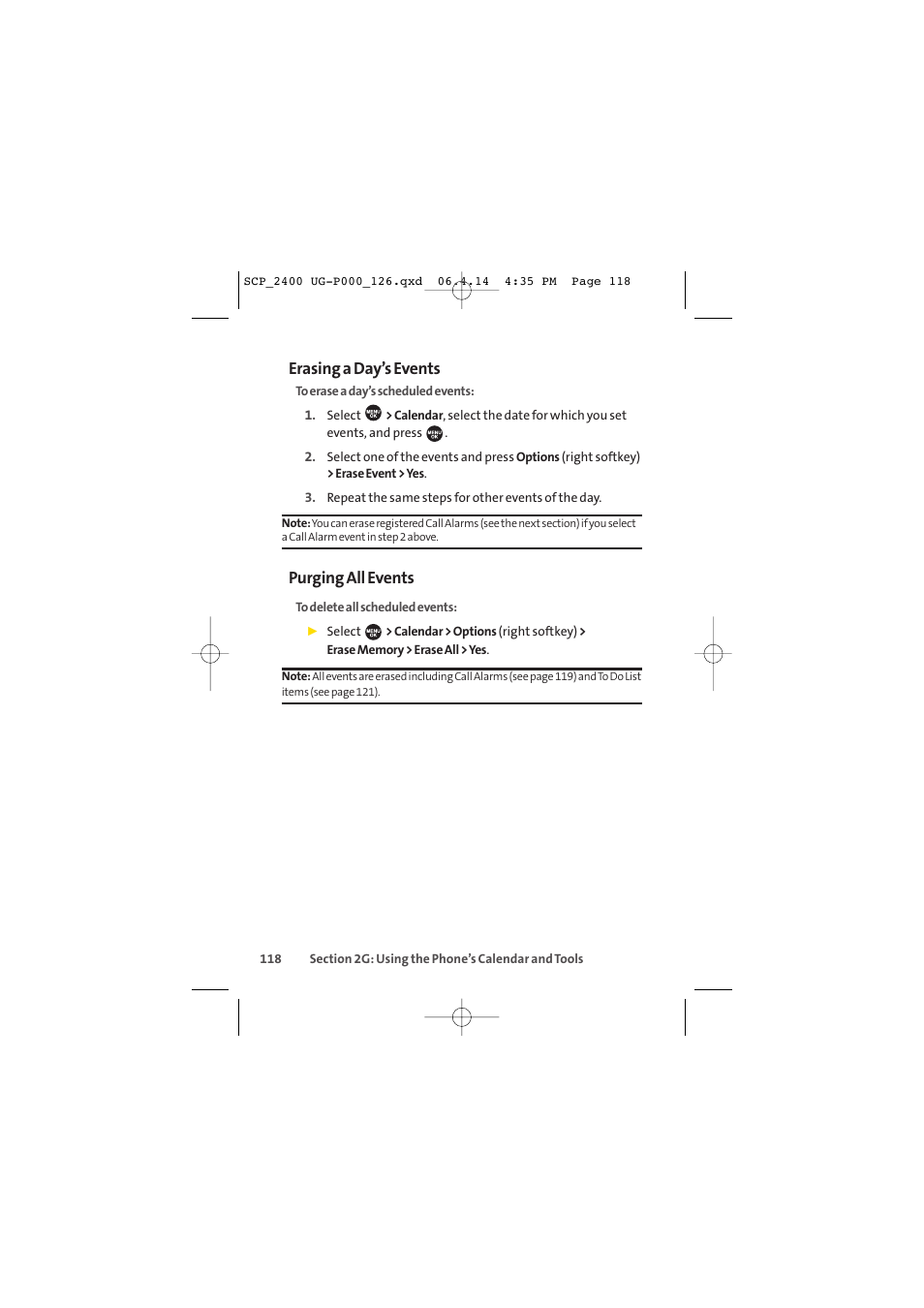 Erasing a day’s events, Purging all events | Sprint Nextel SPRINT PCS VISION SCP-2400 User Manual | Page 134 / 256