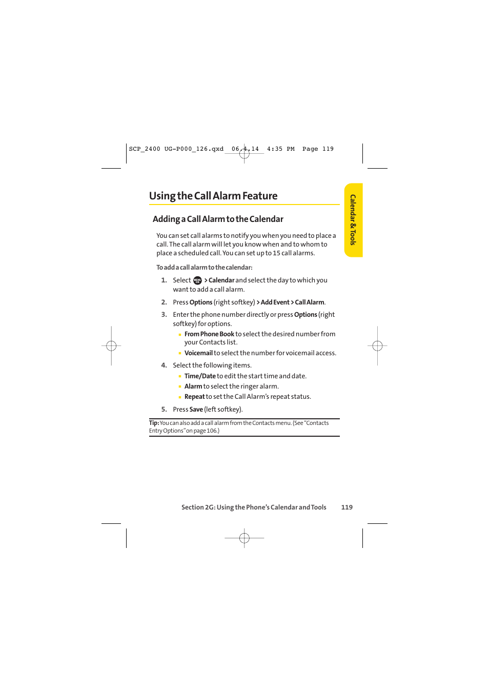 Using the call alarm feature, Adding a call alarm to the calendar | Sprint Nextel SPRINT PCS VISION SCP-2400 User Manual | Page 135 / 256