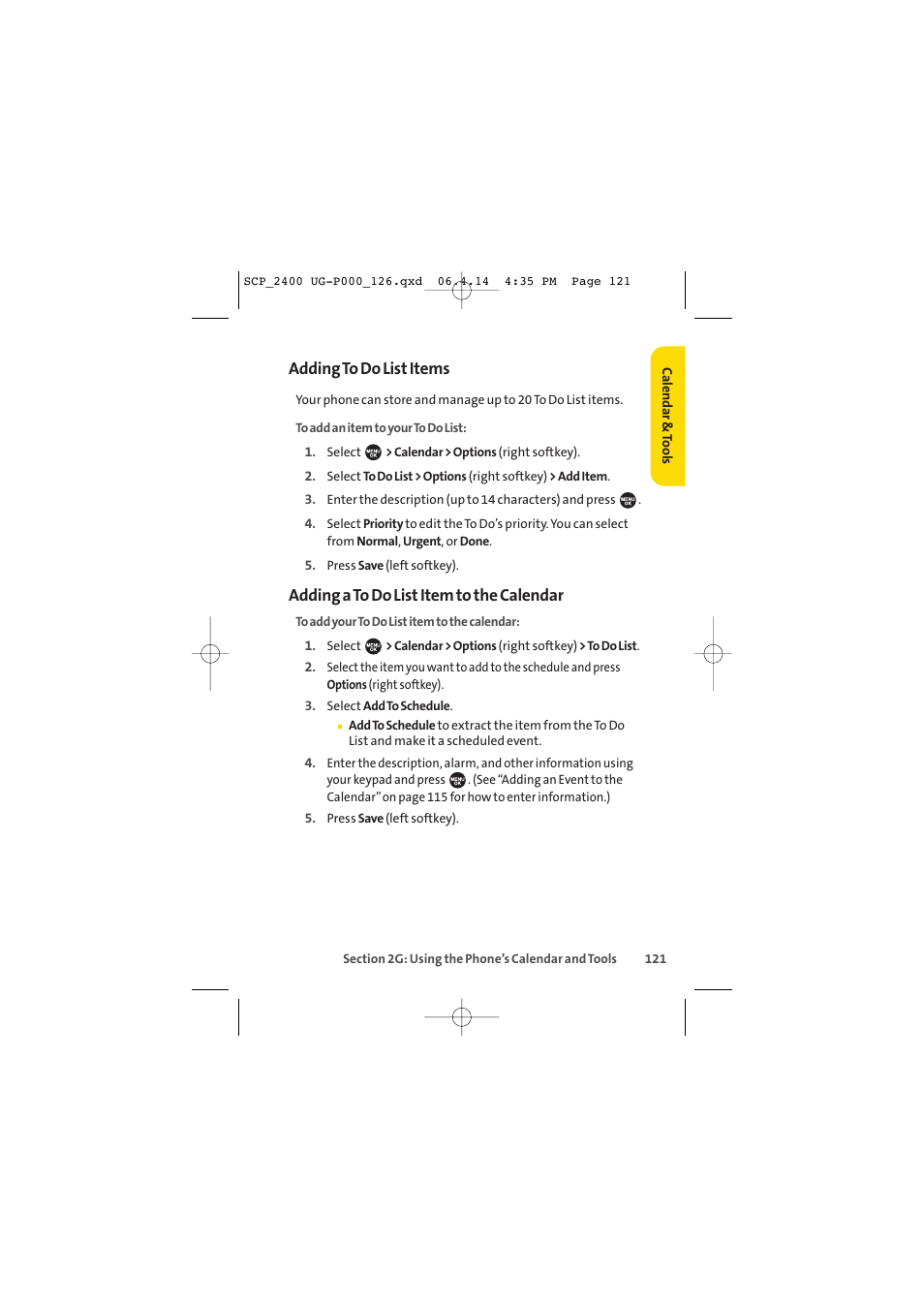Adding to do list items, Adding a to do list item to the calendar | Sprint Nextel SPRINT PCS VISION SCP-2400 User Manual | Page 137 / 256