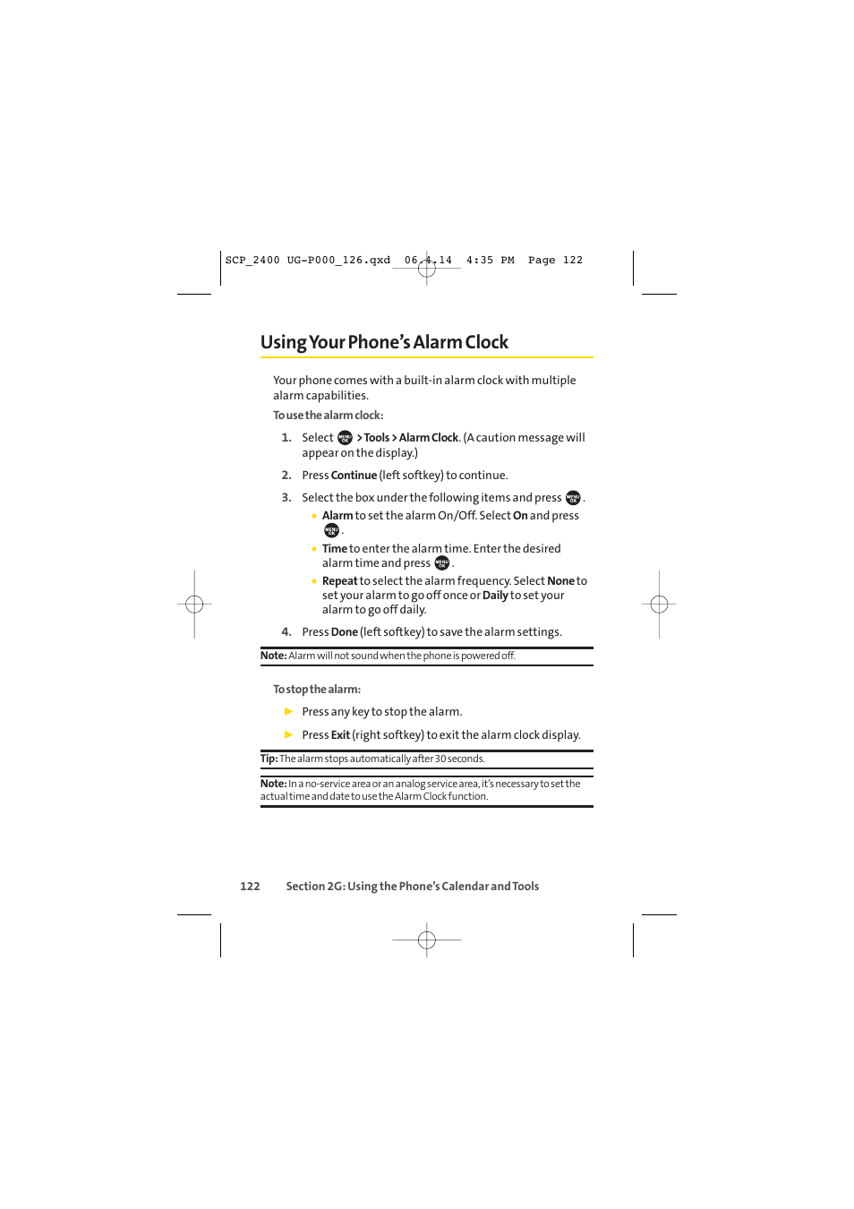 Using your phone’s alarm clock | Sprint Nextel SPRINT PCS VISION SCP-2400 User Manual | Page 138 / 256