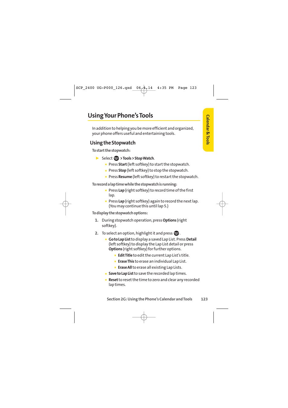 Using your phone’s tools, Using the stopwatch | Sprint Nextel SPRINT PCS VISION SCP-2400 User Manual | Page 139 / 256