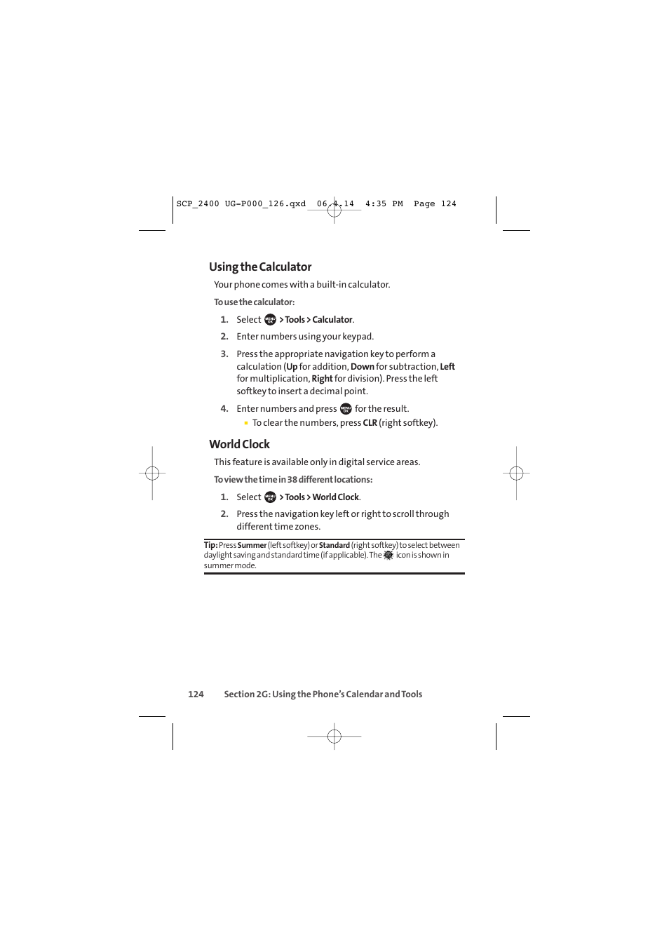 Using the calculator, World clock | Sprint Nextel SPRINT PCS VISION SCP-2400 User Manual | Page 140 / 256