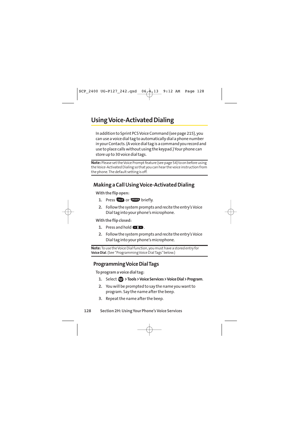 Using voice-activated dialing, Making a call using voice-activated dialing, Programming voice dial tags | Sprint Nextel SPRINT PCS VISION SCP-2400 User Manual | Page 144 / 256