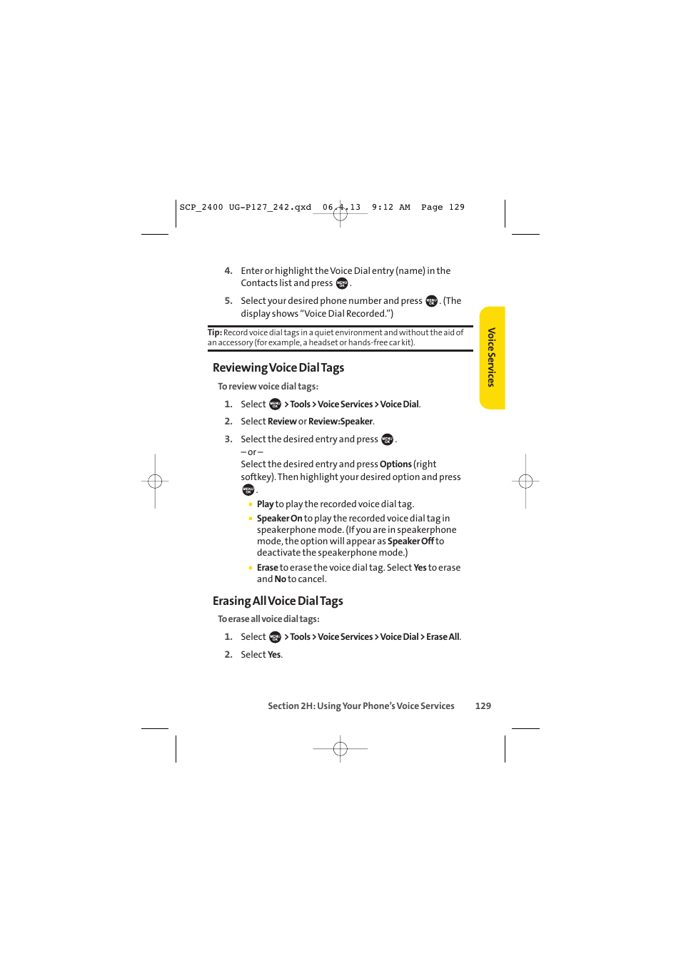 Reviewing voice dial tags, Erasing all voice dial tags | Sprint Nextel SPRINT PCS VISION SCP-2400 User Manual | Page 145 / 256