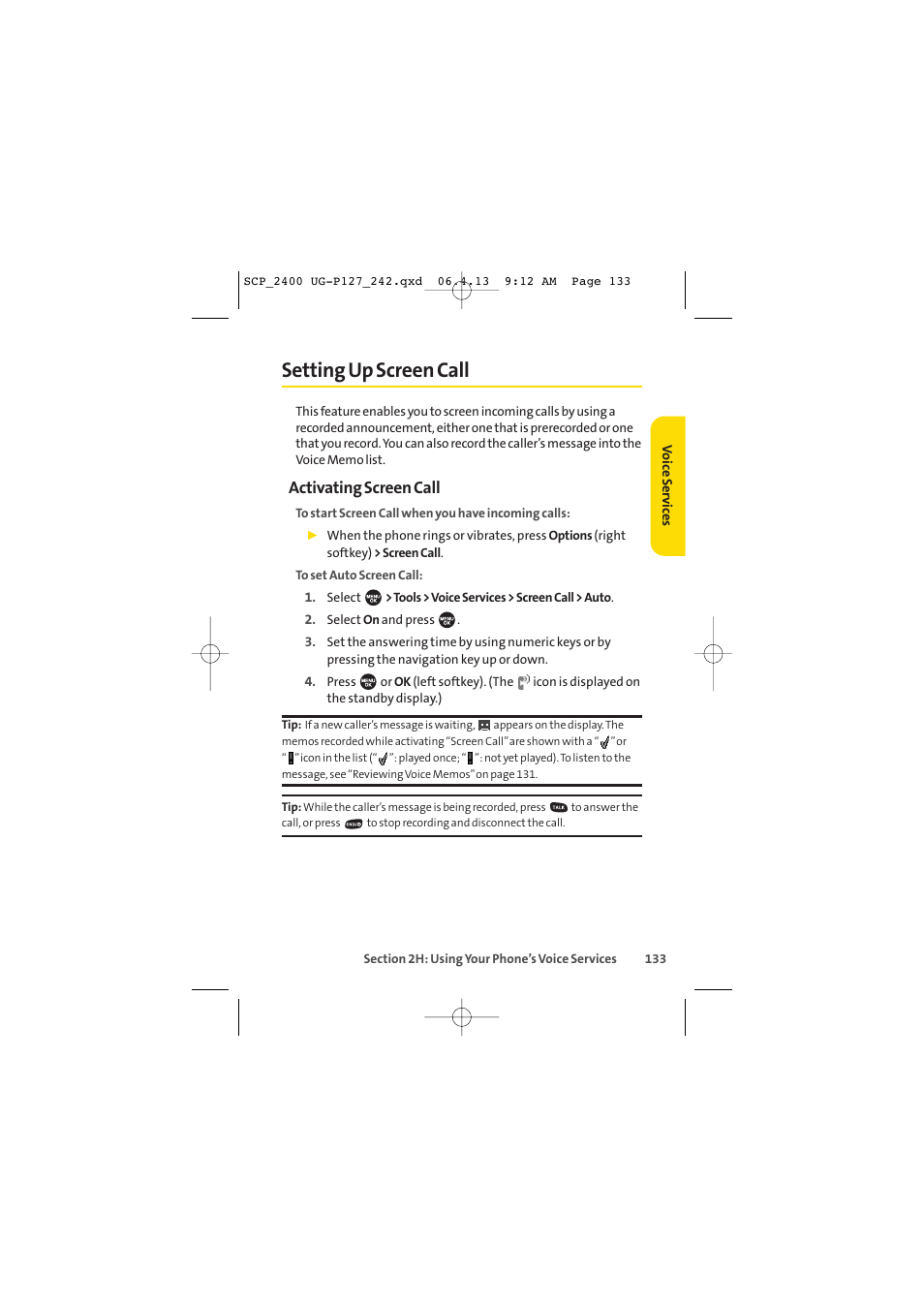 Setting up screen call, Activating screen call | Sprint Nextel SPRINT PCS VISION SCP-2400 User Manual | Page 149 / 256