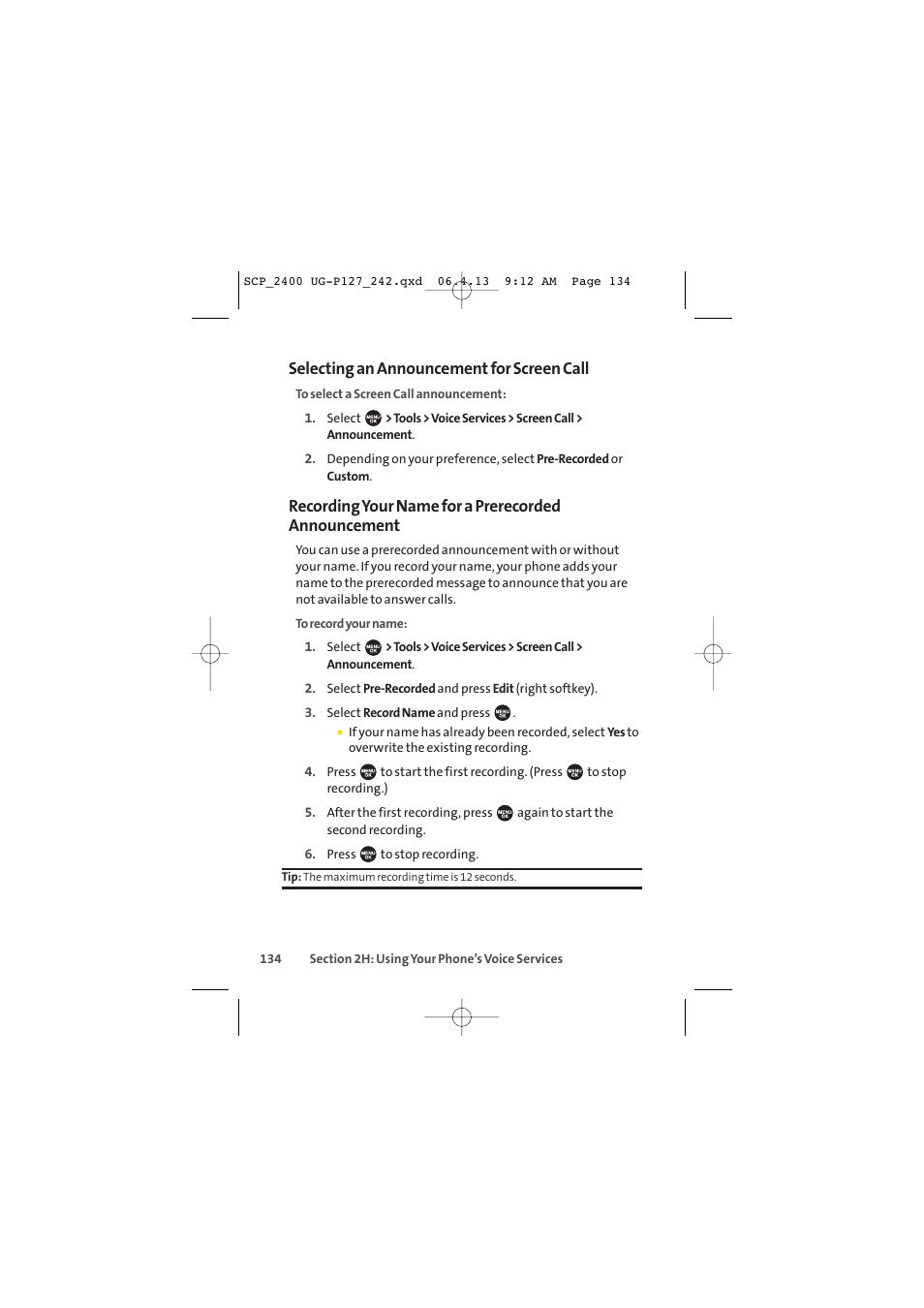 Selecting an announcement for screen call, Recording your name for a prerecorded announcement | Sprint Nextel SPRINT PCS VISION SCP-2400 User Manual | Page 150 / 256