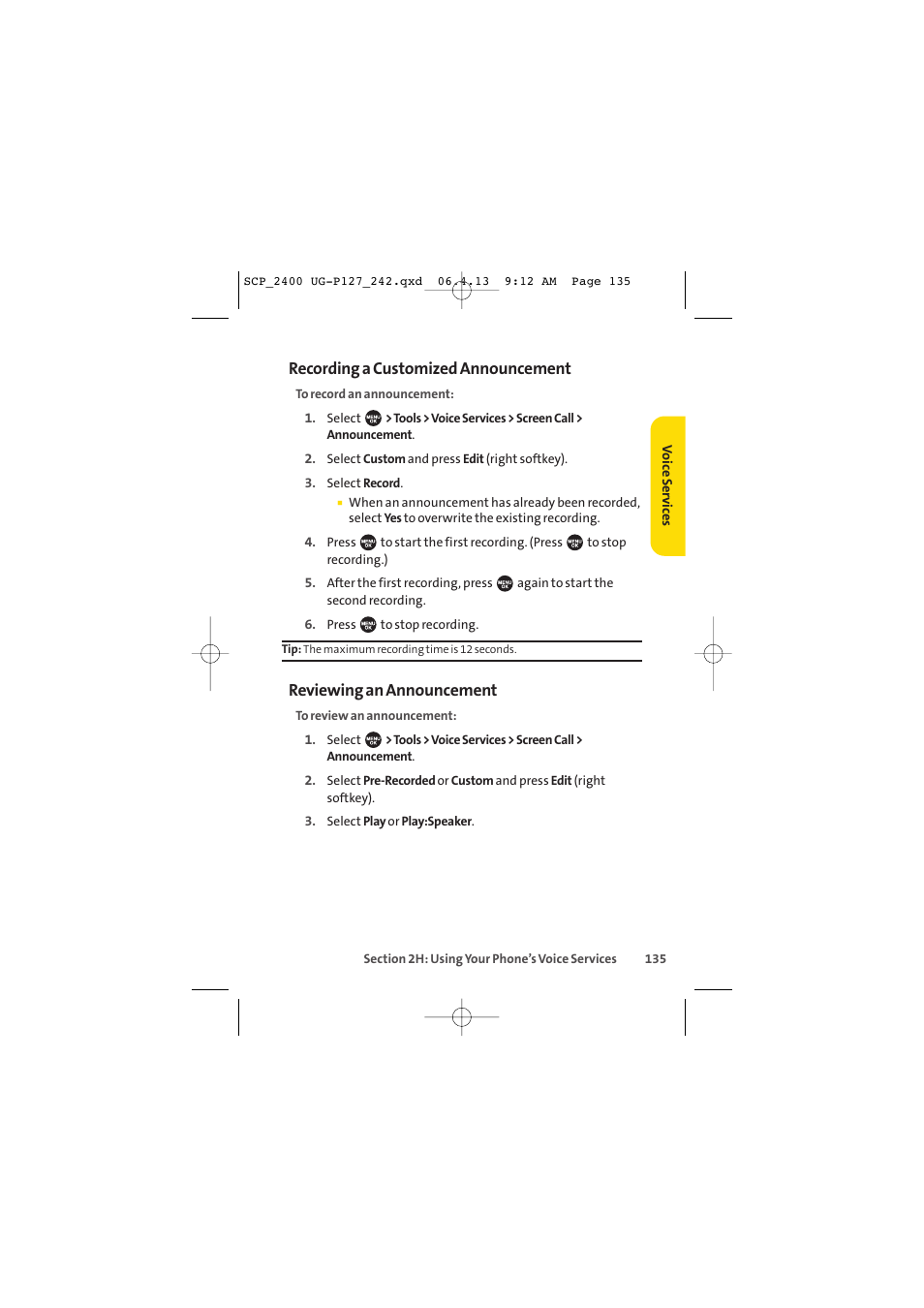 Recording a customized announcement, Reviewing an announcement | Sprint Nextel SPRINT PCS VISION SCP-2400 User Manual | Page 151 / 256