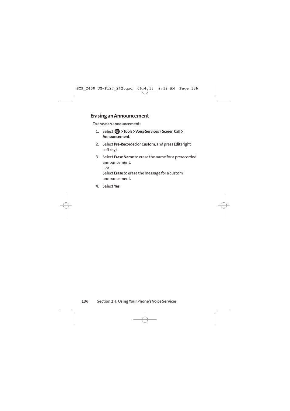 Erasing an announcement | Sprint Nextel SPRINT PCS VISION SCP-2400 User Manual | Page 152 / 256