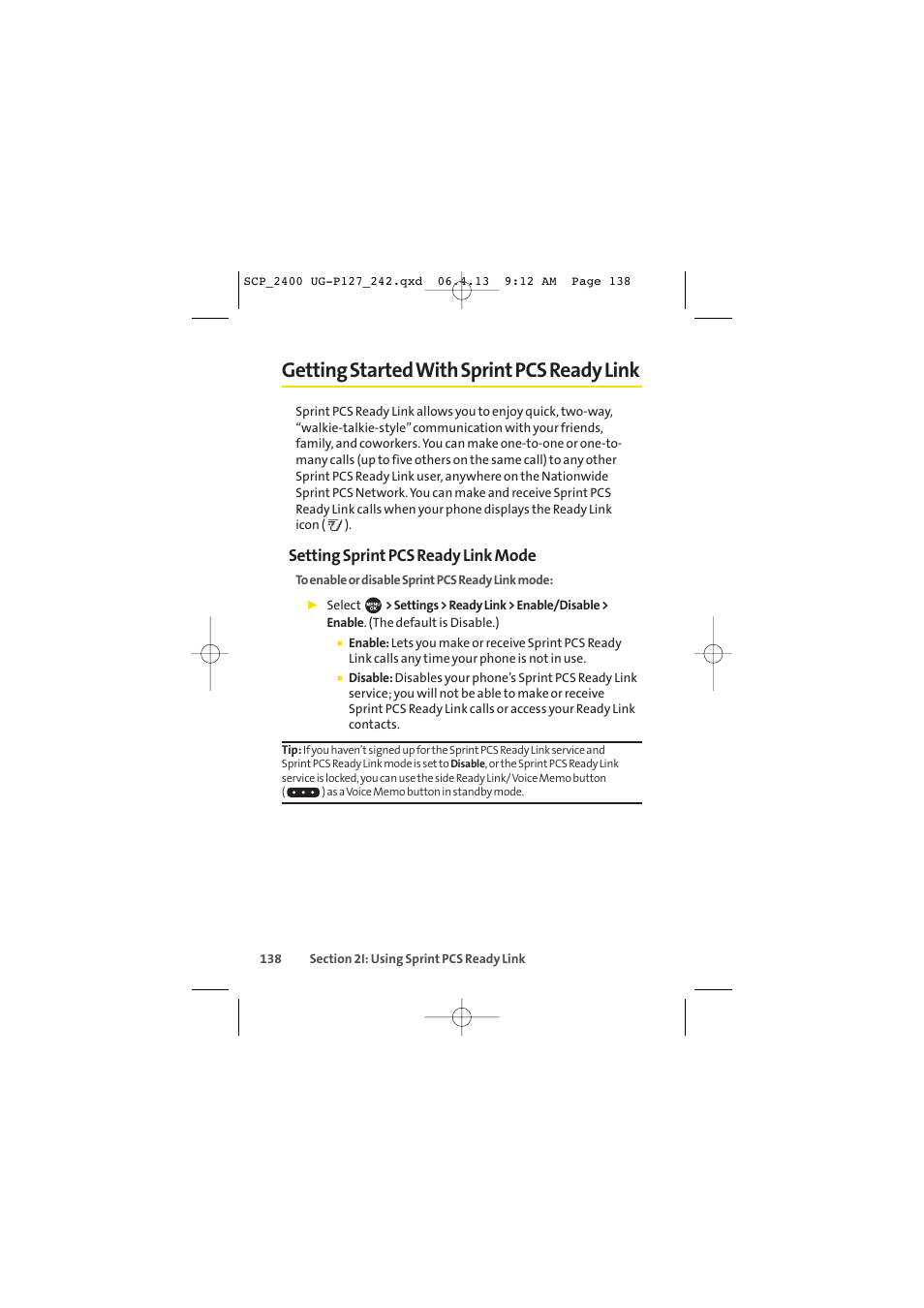 Getting started with sprint pcs ready link, Setting sprint pcs ready link mode | Sprint Nextel SPRINT PCS VISION SCP-2400 User Manual | Page 154 / 256