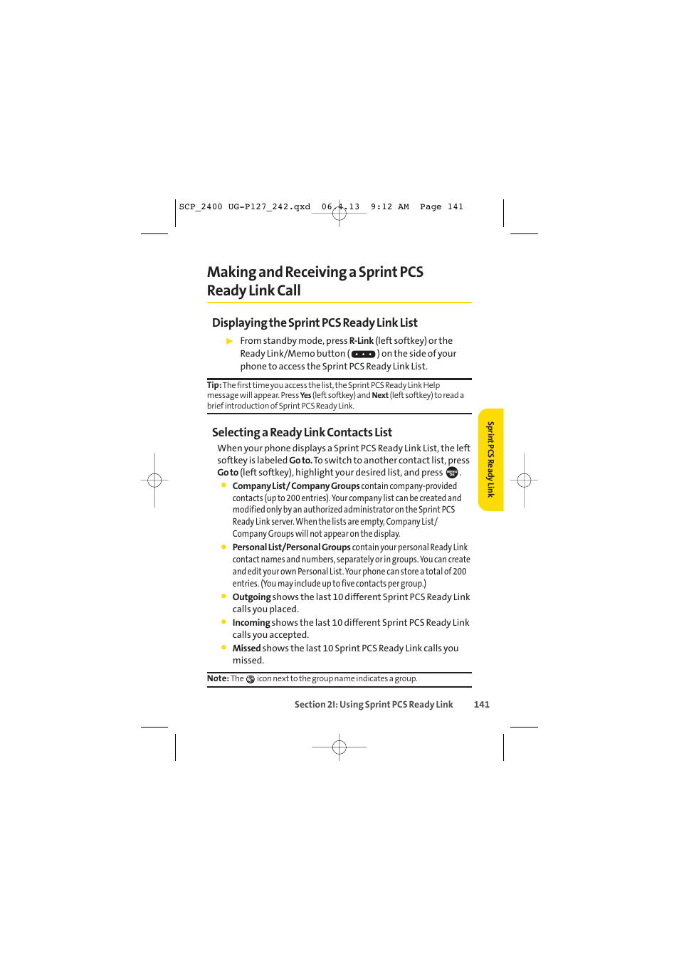 Making and receiving a sprint pcs ready link call, Displaying the sprint pcs ready link list, Selecting a ready link contacts list | Sprint Nextel SPRINT PCS VISION SCP-2400 User Manual | Page 157 / 256