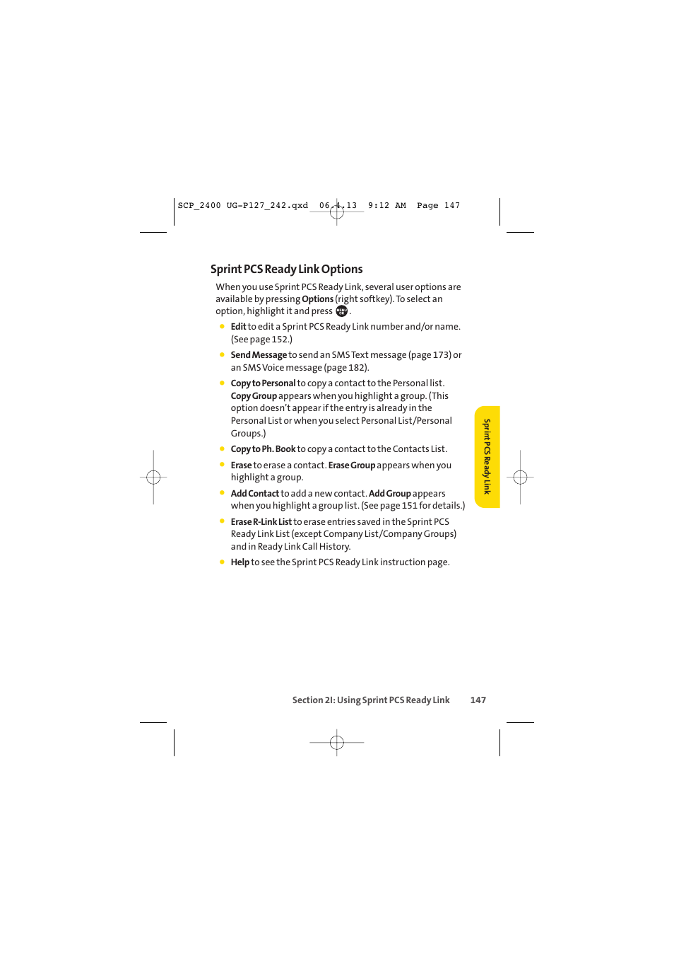 Sprint pcs ready link options | Sprint Nextel SPRINT PCS VISION SCP-2400 User Manual | Page 163 / 256