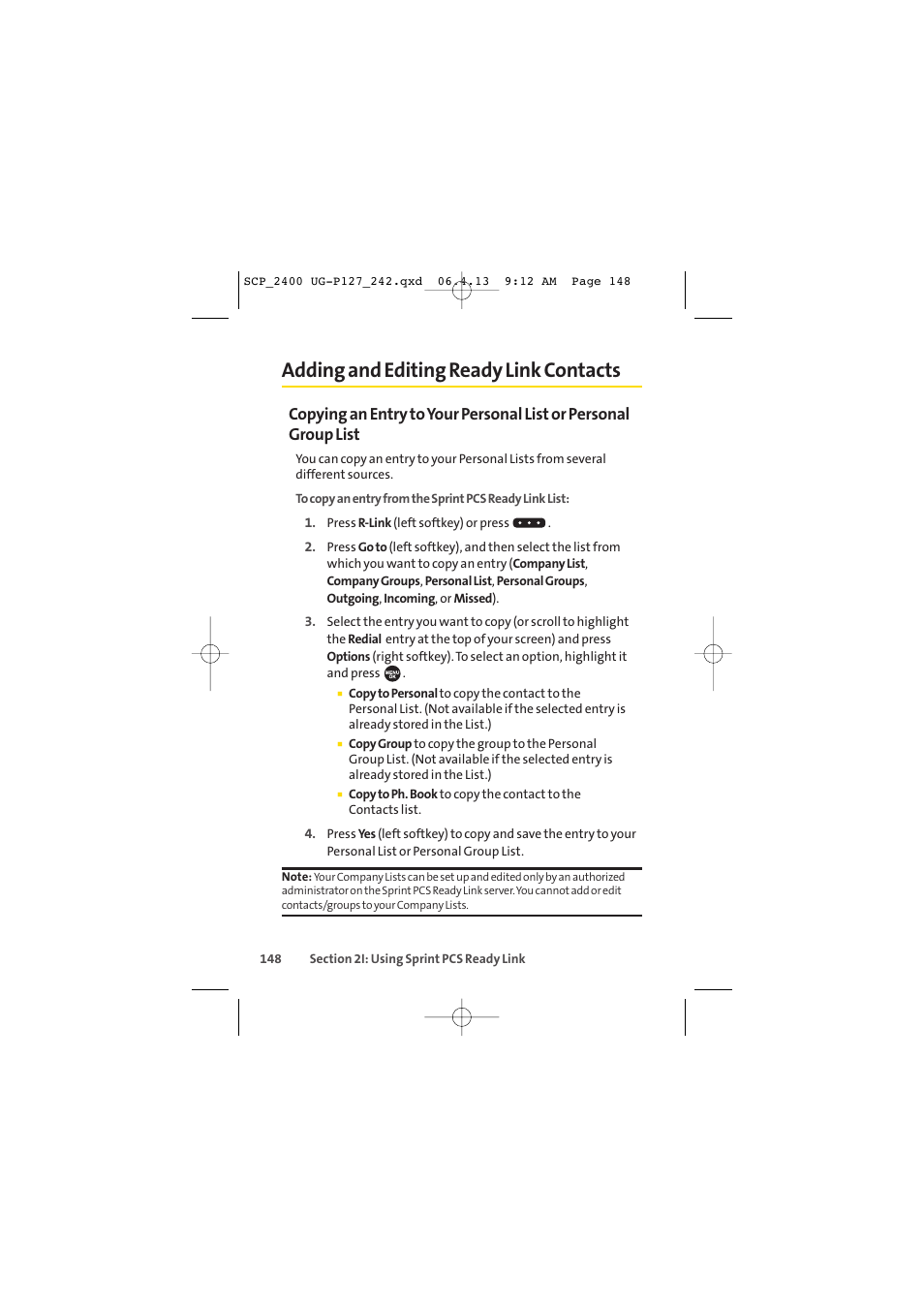 Adding and editing ready link contacts | Sprint Nextel SPRINT PCS VISION SCP-2400 User Manual | Page 164 / 256